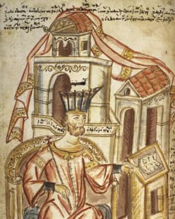 Medieval illumination of Aristotle enthroned, pointing to a book