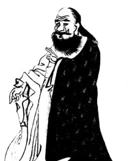 Ink drawing of Lao Tzu, bearded, in flowing robes