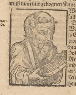Woodcut of a bearded traveller holding a scroll