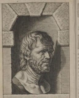 Engraving of a bust of Seneca in a stone niche